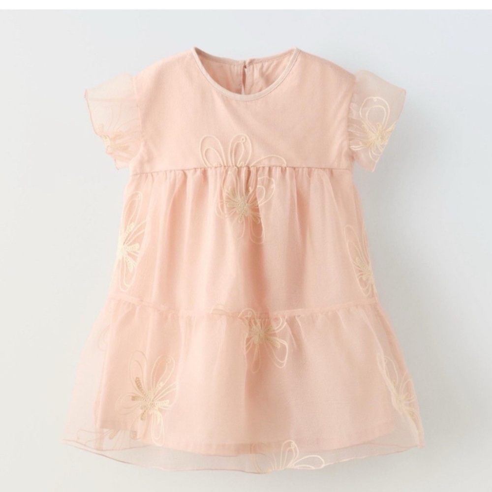 Zara Girls Light Pink Flower Floral Tulle Dress Size 5-6 Kids Blush embroidered - Picture 2 of 8
